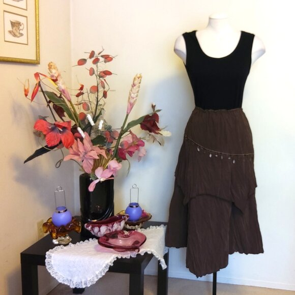 NWT Women Brown 2-Layers of Tiered Lined Elastic High Waist Asymmetrical Skirt - Picture 5 of 14